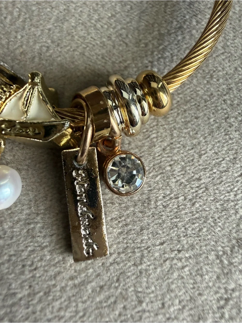 Gold Charm Bangle Bracelet with Heart, Pearl & Crystal Accents